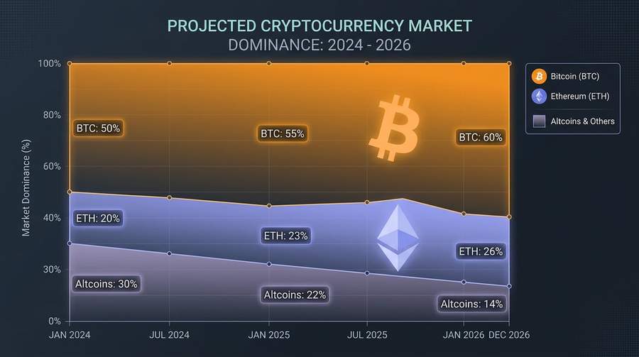 Chart showing Bitcoin and Ethereum market dominance rising while altcoin dominance falls in 2026