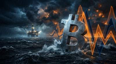 Bitcoin price chart overlaid with oil barrel imagery showing market volatility