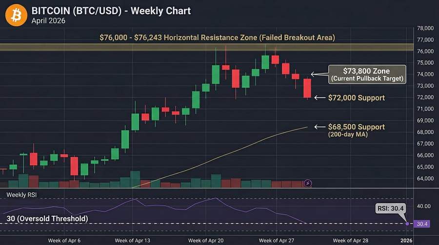 Bitcoin price chart displaying failed breakout at $76,000 with RSI indicator showing oversold conditions