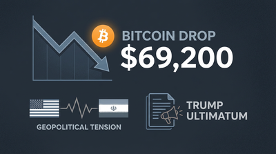 Bitcoin price chart showing decline with Iran and US flags in background