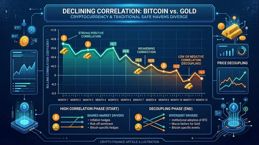 Chart showing declining correlation between Bitcoin and gold prices over 12 months