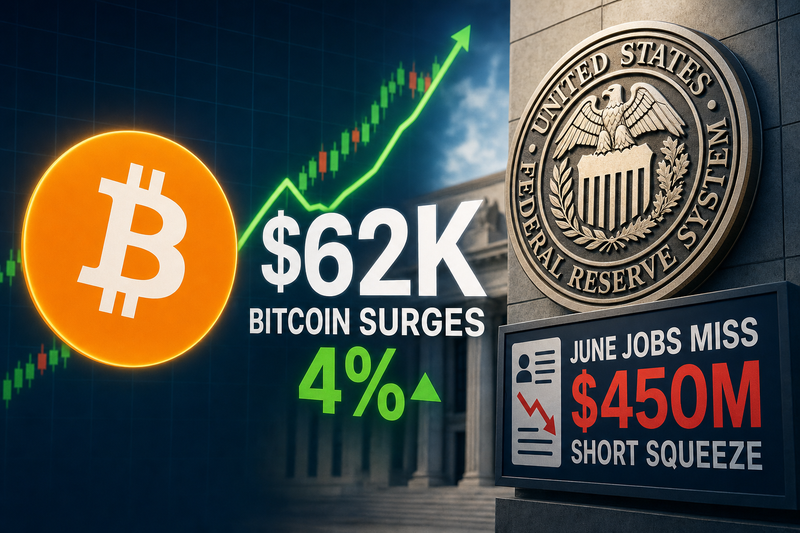 Bitcoin price chart showing rally to $62,000 alongside US jobs data miss visualization