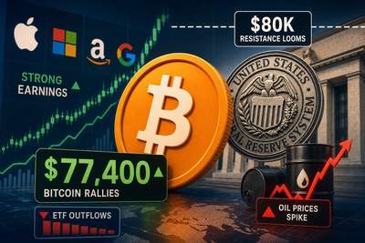 Bitcoin price chart showing rally to $77,400 with $80,000 resistance level marked