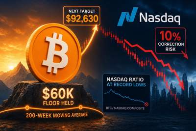 Bitcoin price chart showing 200-week moving average support with Nasdaq comparison overlay
