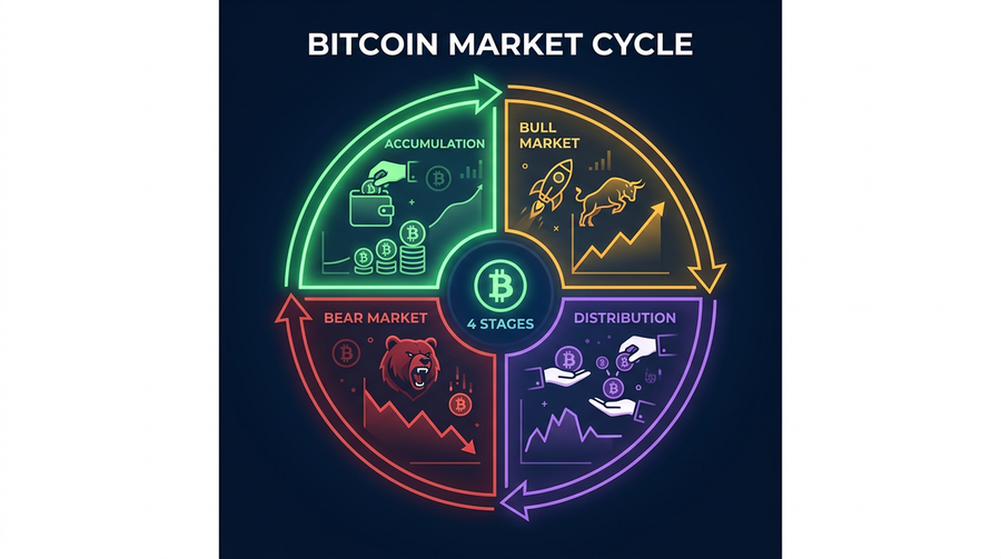 Bitcoin market psychology cycle diagram showing current accumulation phase