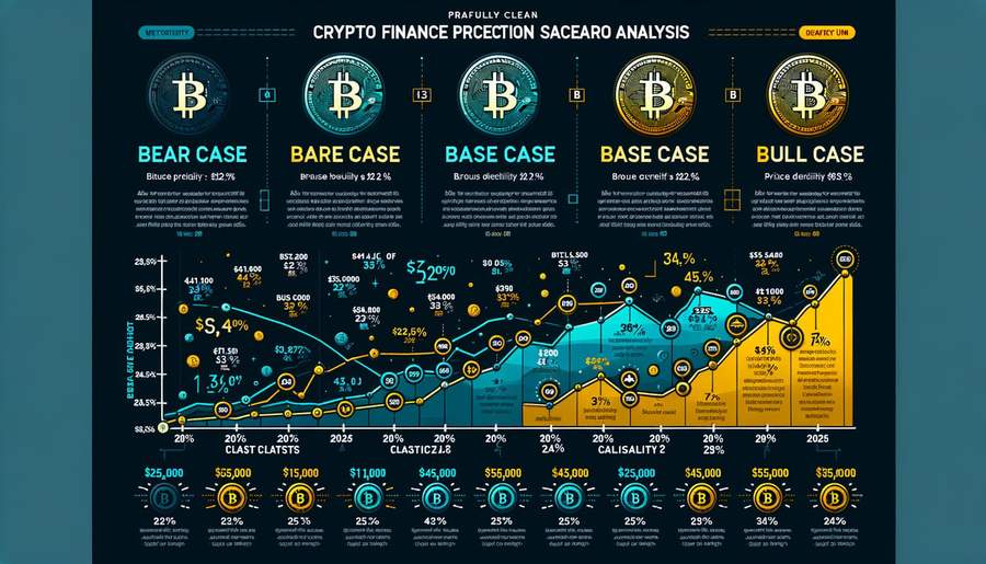 Bitcoin price scenario analysis showing bear, base, and bull case projections with probabilities
