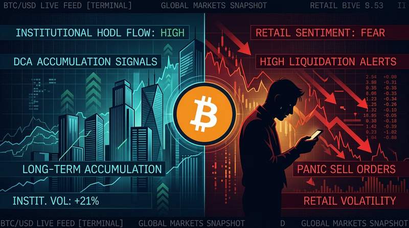 Split screen showing institutional investors on one side and retail traders on the other with Bitcoin chart in background