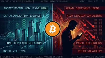 Split screen showing institutional investors on one side and retail traders on the other with Bitcoin chart in background