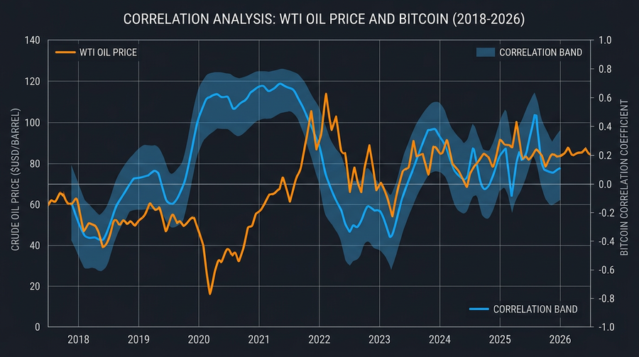 Technical analysis chart displaying correlation patterns between Bitcoin and oil prices with statistical indicators
