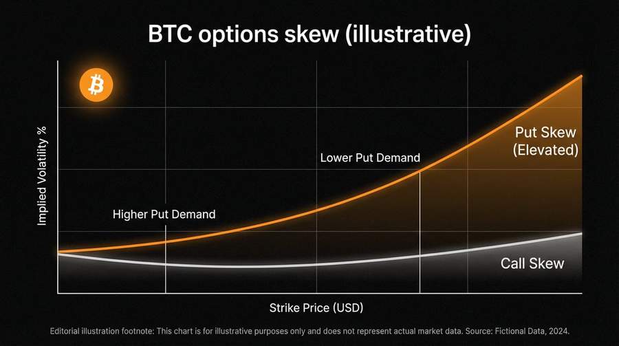 Bitcoin options put-call skew chart showing sharp increase to 18% in April 2026