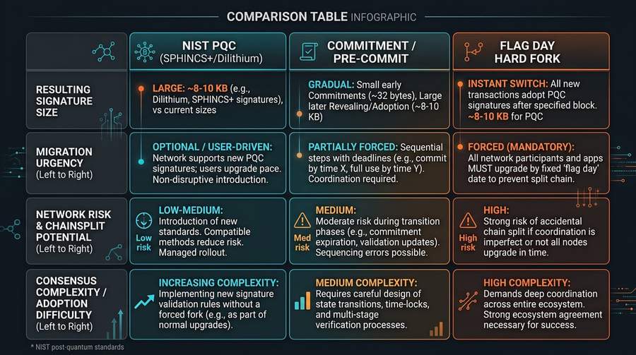 Comparison chart of three Bitcoin quantum resistance proposals showing technical trade-offs