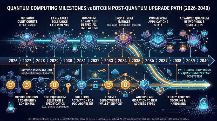 Timeline showing quantum computing milestones and Bitcoin upgrade path from 2026 to 2040
