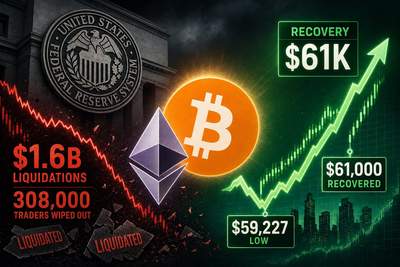 Bitcoin price chart showing recovery from $59,227 to $61,000 with liquidation data overlay