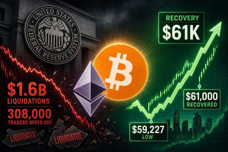 Bitcoin price chart showing recovery from $59,227 to $61,000 with liquidation data overlay