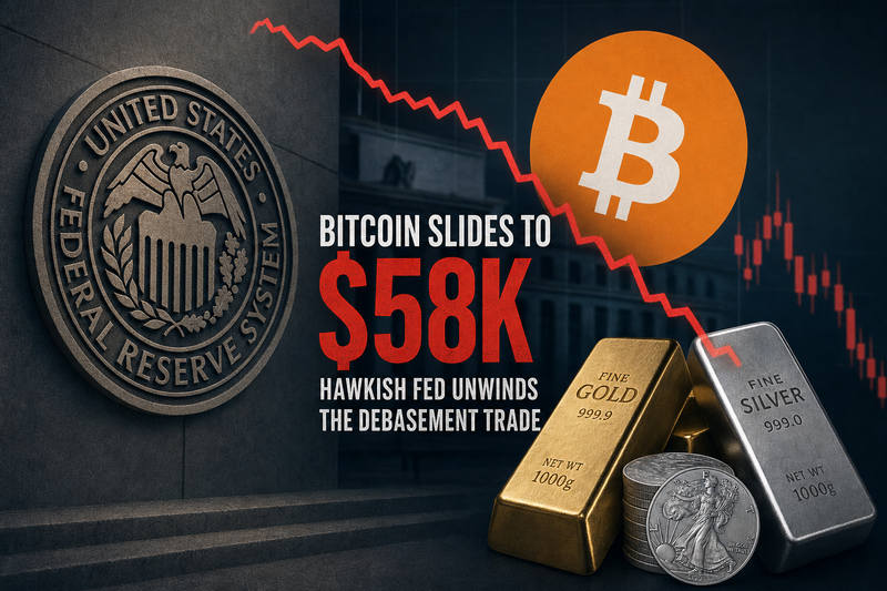 Bitcoin price falling alongside gold and silver bars with Federal Reserve building in background