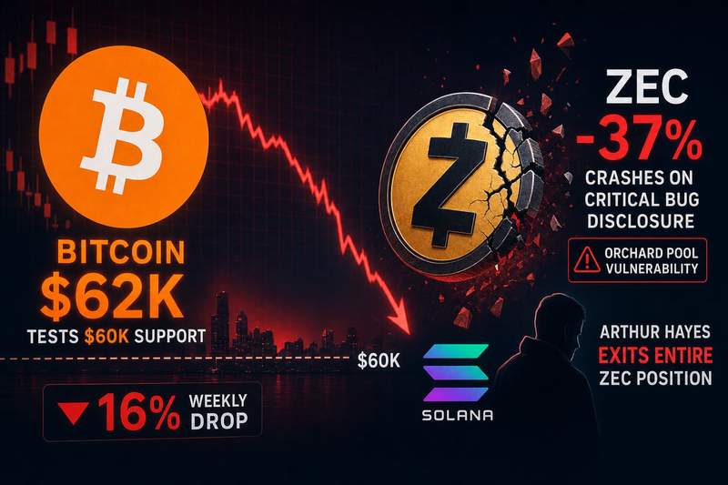 Bitcoin and Zcash price charts showing sharp declines with red arrows indicating market downturn