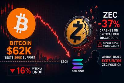 Bitcoin and Zcash price charts showing sharp declines with red arrows indicating market downturn