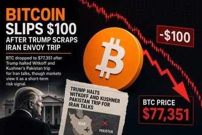 Bitcoin price chart showing $100 drop to $77,351 with geopolitical news headline about Trump canceling Iran talks envoy trip