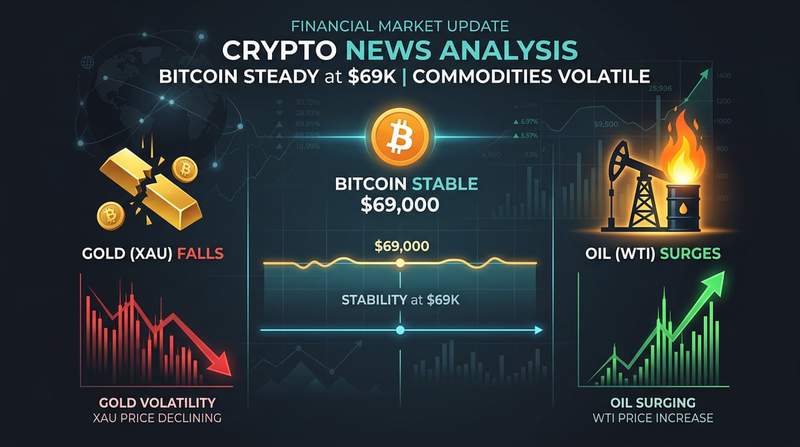 Bitcoin price chart showing stability at $69,000 while gold and oil charts display volatility