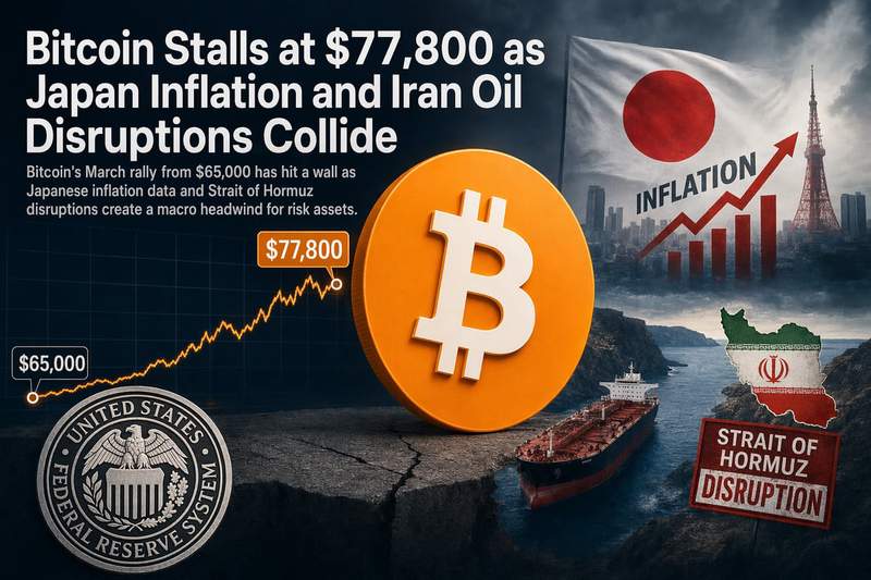 Bitcoin price chart showing stalled rally near $77,800 with oil barrels and Japanese yen symbols