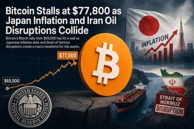 Bitcoin price chart showing stalled rally near $77,800 with oil barrels and Japanese yen symbols