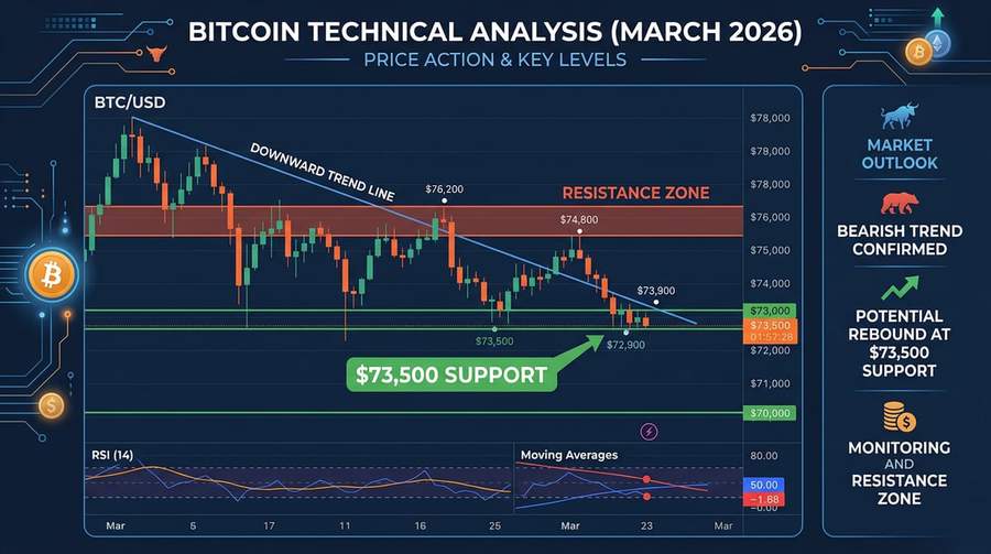 Bitcoin technical analysis chart for March 2026 showing price decline below $75,000 with key support and resistance levels