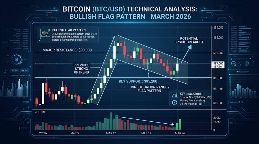 Bitcoin technical analysis chart showing bullish flag pattern and key support/resistance levels in March 2026