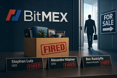 BitMEX logo with executive departures visualization showing leadership changes