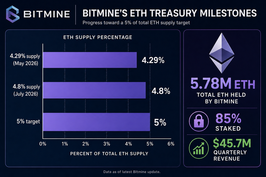 Infographic showing Bitmine ETH treasury growth from 4.29% to 4.8% of supply with 5% target and staking revenue data