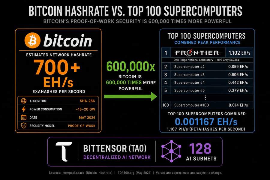 Infographic comparing Bitcoin network hashrate of 700 exahashes per second to combined top 100 supercomputers, showing 600,000x difference