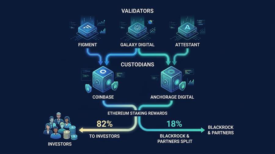 Breakdown of ETHB staking infrastructure showing validators, custodians, and reward distribution flow