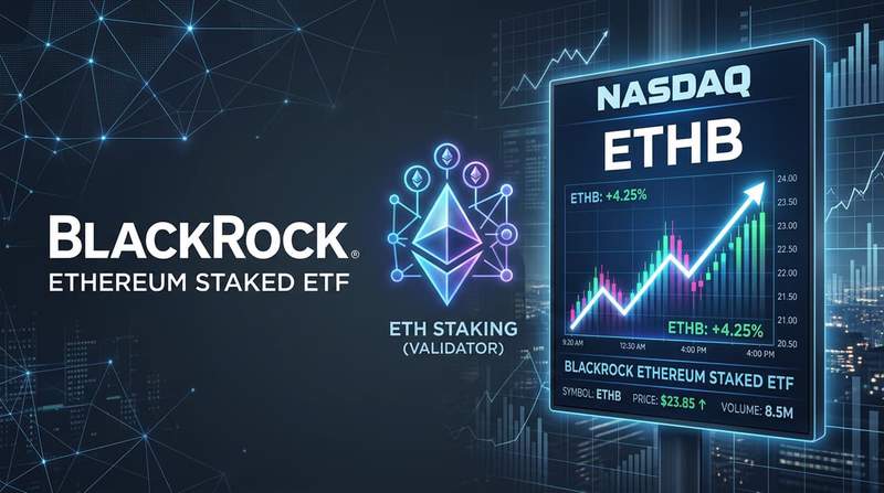 BlackRock logo combined with Ethereum staking symbol and Nasdaq trading screen imagery on a dark financial background representing the ETHB staked ETF launch