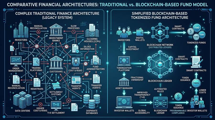 Infrastructure comparison showing complex traditional finance systems versus simplified blockchain-based tokenized fund architecture