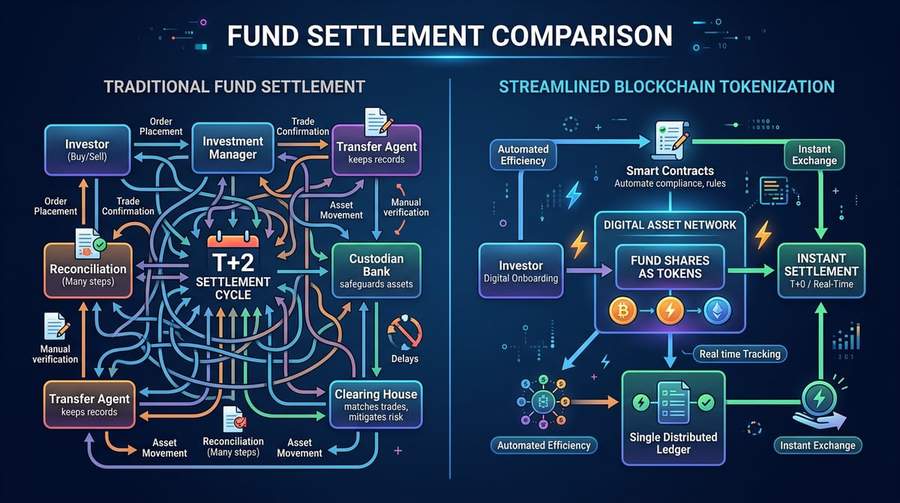 Comparison diagram showing traditional fund settlement with multiple intermediaries versus streamlined blockchain tokenization process