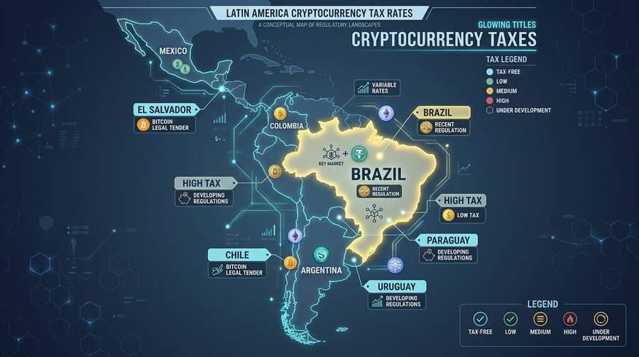 Map comparing cryptocurrency tax rates across Latin American countries with Brazil highlighted