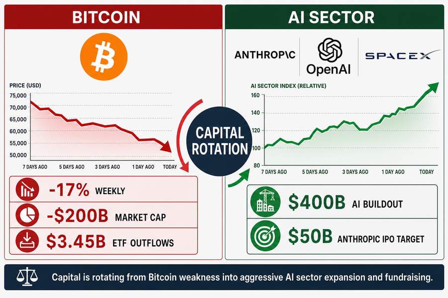 Infographic comparing Bitcoin&rsquo;s $200B market cap loss and ETF outflows against $400B flowing into AI sector buildout
