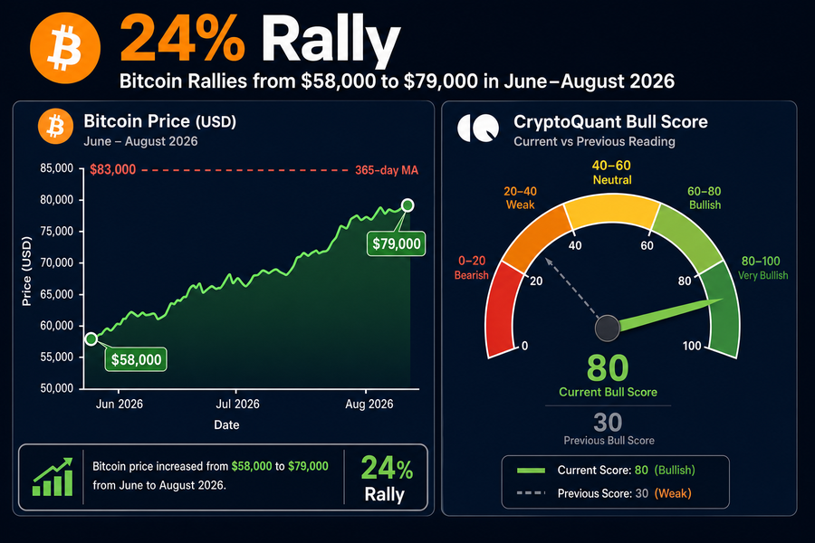 Bitcoin price chart showing rally to $79,000 with $83,000 resistance and CryptoQuant Bull Score at 80