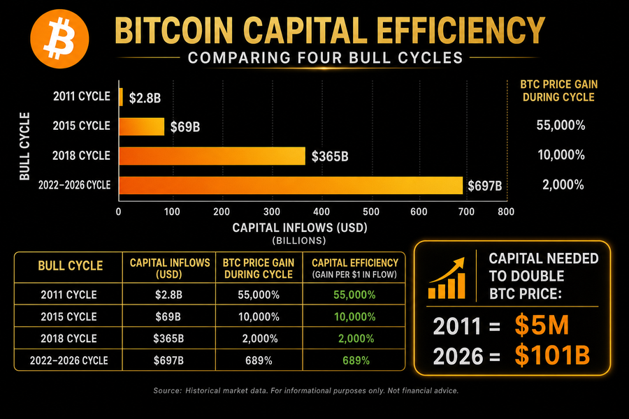 Bar chart showing Bitcoin capital efficiency declining across four bull cycles from 2011 to 2026
