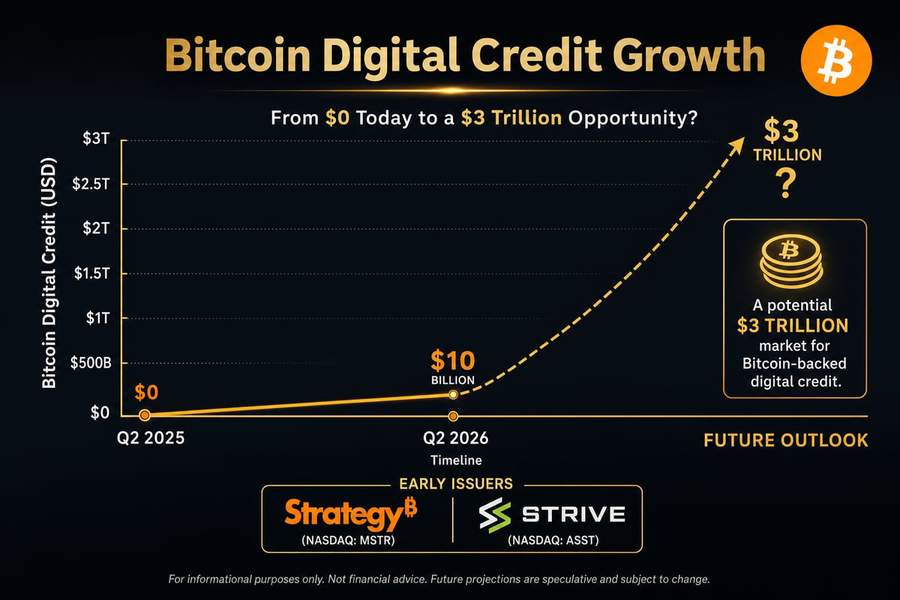 Chart showing Bitcoin digital credit market growth from zero to $10 billion in under one year with $3 trillion projection
