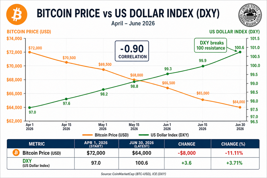 Chart showing inverse correlation between Bitcoin price decline and Dollar Index rise from April to June 2026