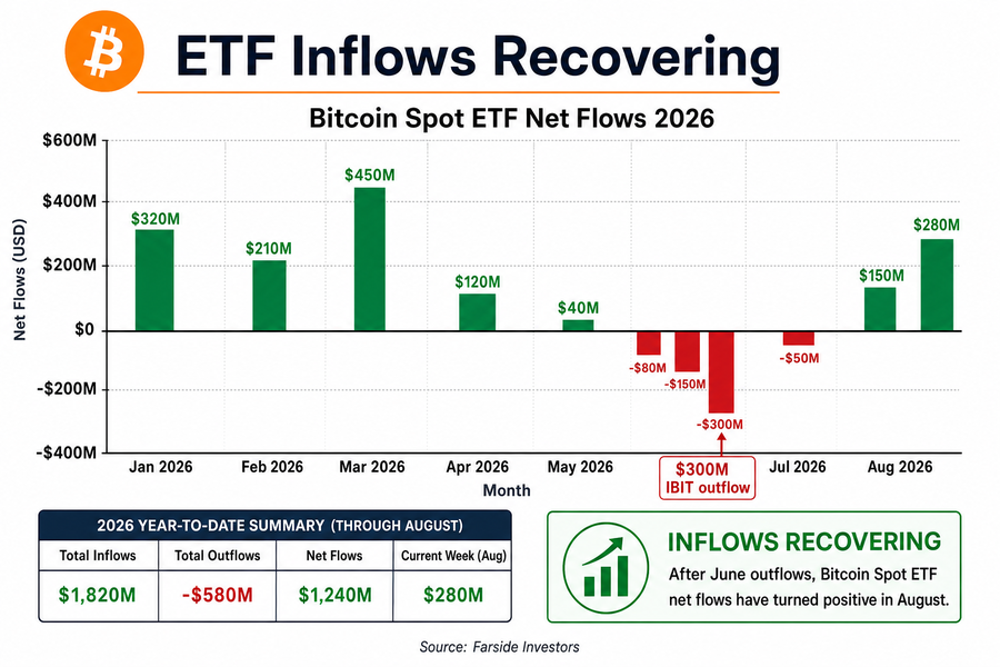 Chart showing Bitcoin spot ETF net flows turning positive in August 2026 after June outflows