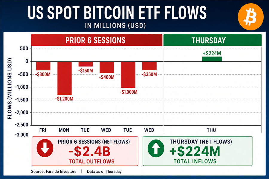Bar chart showing Bitcoin ETF outflows of $2.4 billion over six sessions followed by $224 million inflow on Thursday