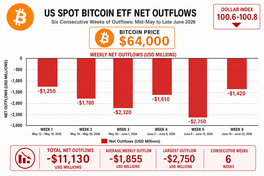Chart showing six consecutive weeks of Bitcoin ETF outflows from May to June 2026 with BTC price at $64,000