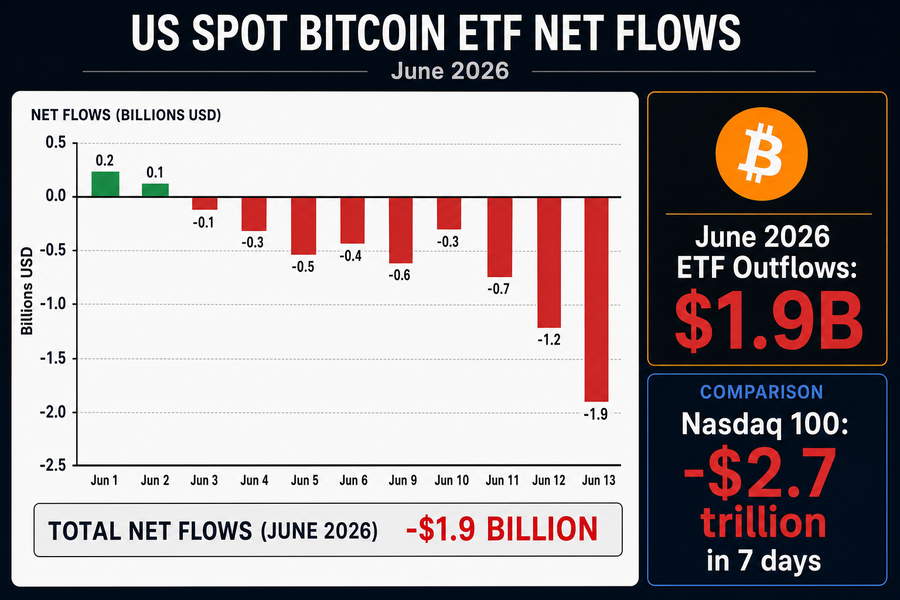Chart showing $1.9 billion in Bitcoin ETF outflows for June 2026 alongside Nasdaq losses