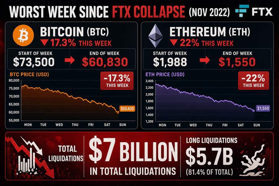 Infographic showing Bitcoin down 17.3% and Ethereum down 22% for the week with $7 billion in liquidations