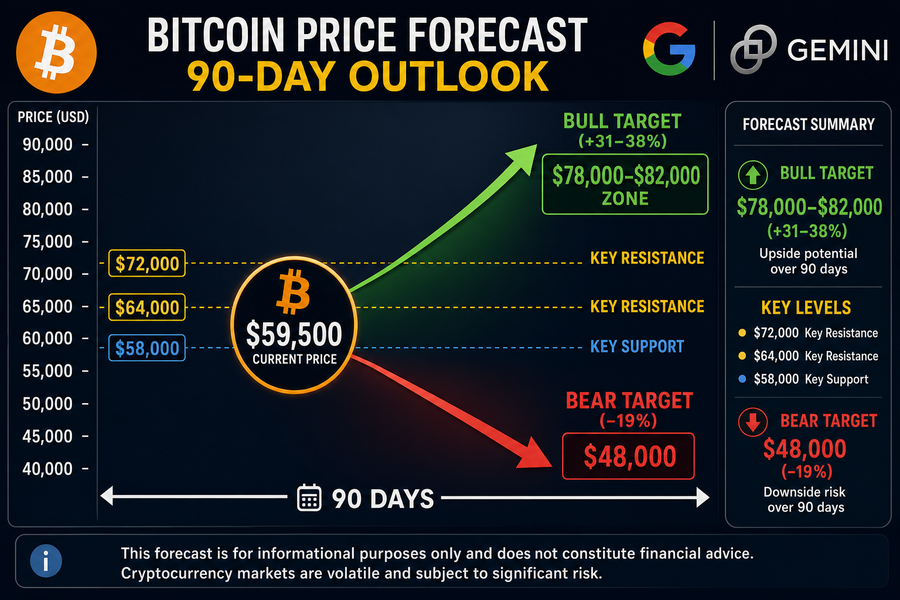 Gemini AI Bitcoin price forecast showing bull target of $78K-$82K and bear target of $48K from current $59,500 level