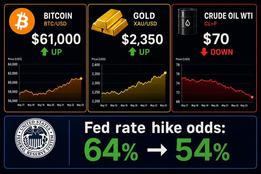 Infographic showing Bitcoin and gold rising while oil falls after June jobs report cut Fed rate hike odds from 64% to 54%