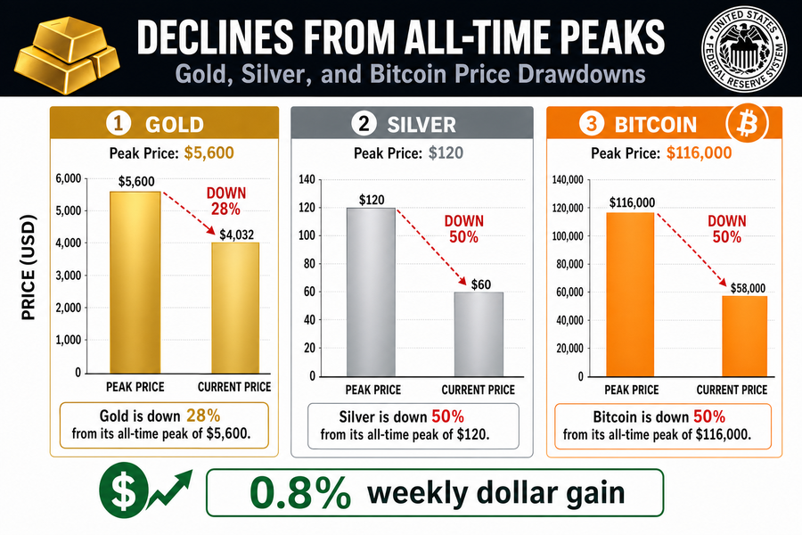 Bar chart showing gold down 28%, silver down 50%, and Bitcoin down 50% from their respective peaks, with dollar strength indicator