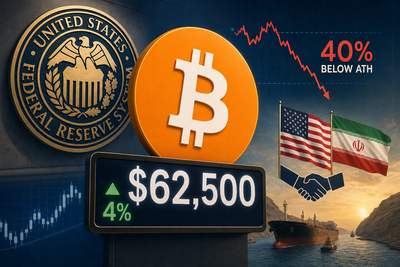 Bitcoin price chart showing $62,500 level with geopolitical news overlay