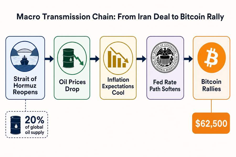 Diagram showing the macro transmission chain from Strait of Hormuz reopening to Bitcoin price rally